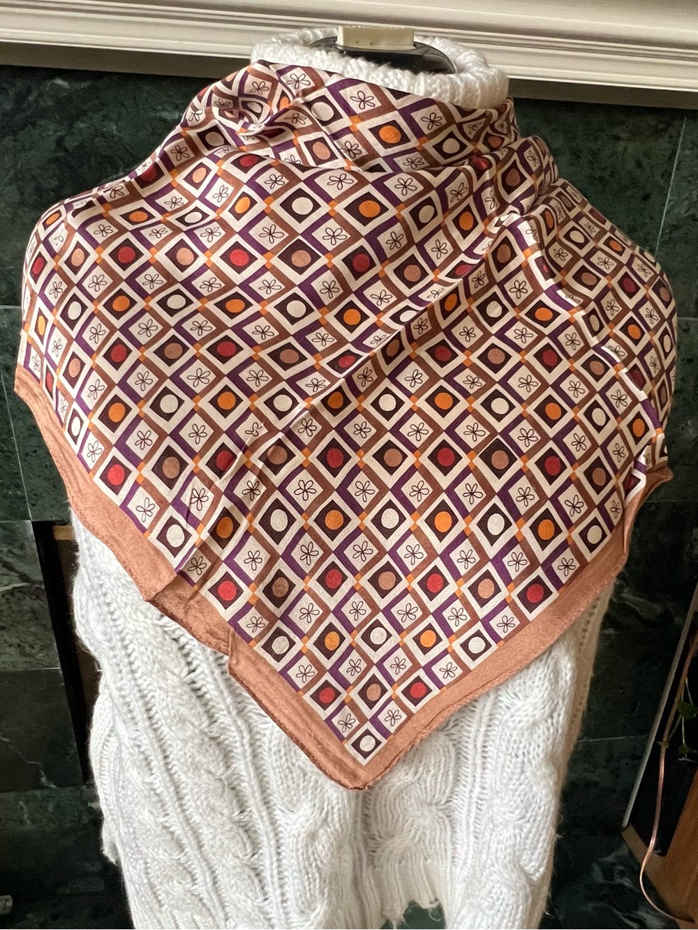Vintage Guess Japan Geometric Silk Scarf Earth Tone Sq 20” Retro Hair Bandana
